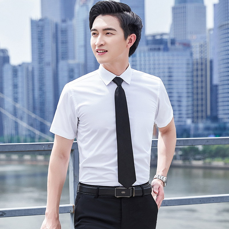 夏季修身男士短袖白衬衫西裤套装毕业正装职业大码衬衣上班伴郎服