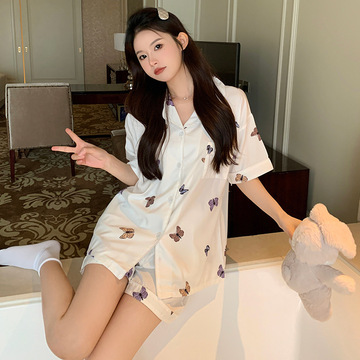 爆款夏季冰雪丝睡衣女薄款甜美蝴蝶印花冰丝丝绸睡衣家居服两件套