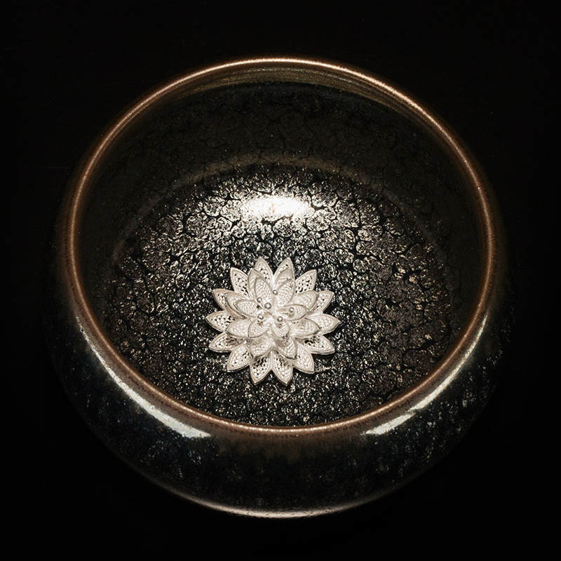 甲盏窑 李甲栈天目能量杯银饰建盏茶杯品茗杯陶瓷禅定杯主人杯