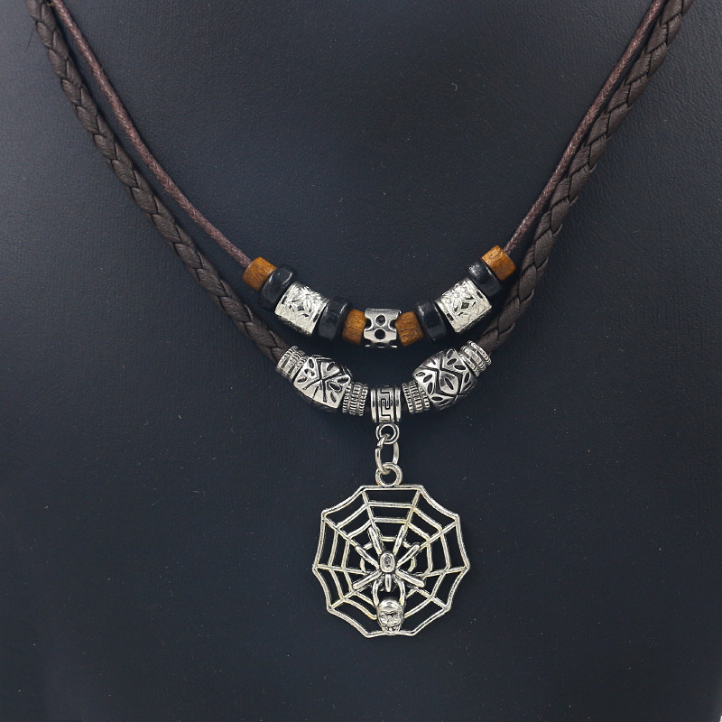 新款民族风项链饰品男款蜘蛛网吊坠复古元素饰品男士皮绳项链