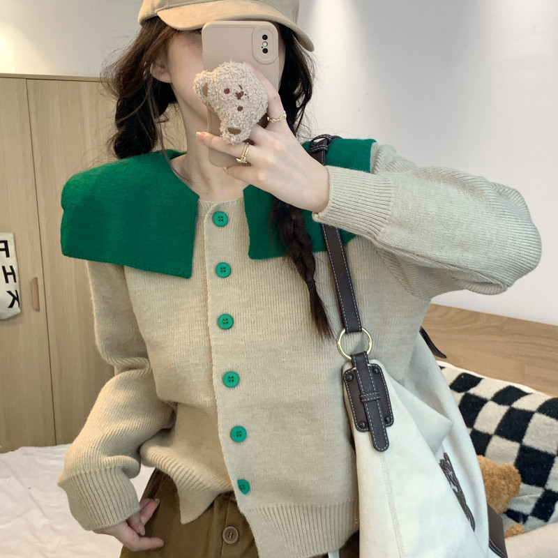 2023 Autumn New Navy Collar Long Sleeve Knitted Cardigan for Women All-Match Small Western Style Leisure Knitted Top for Women