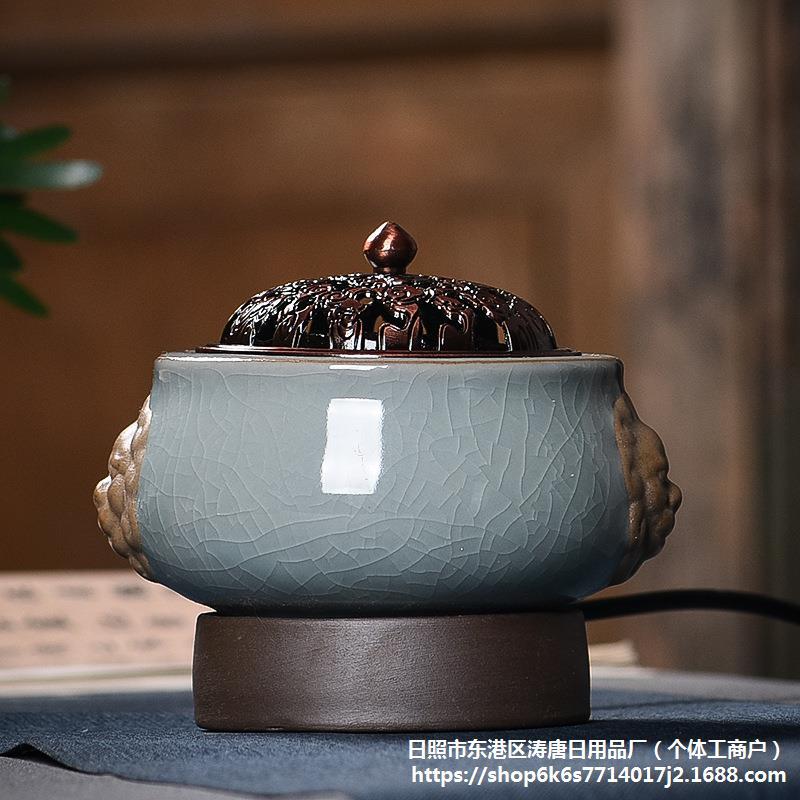 陶瓷电子香炉定时调温家用室内沉香檀香青瓷双耳狮子头插电熏香炉