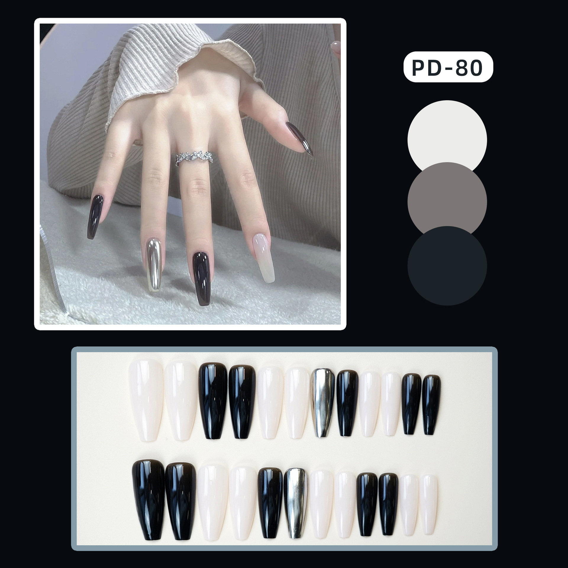 PD-80 Ice Transparent Black Mirror Fake Nails Long T Phototherapy Handmade Wear Nail Wholesale Patch Finished Product Wholesale Wholesale