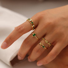 祖母绿锆石钛钢开口彩宝戒指ins欧美小众简约花朵高级感指环手饰