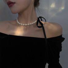 法式复古小众黑色飘带珍珠项链女超仙气质百搭个性时尚颈链锁骨链