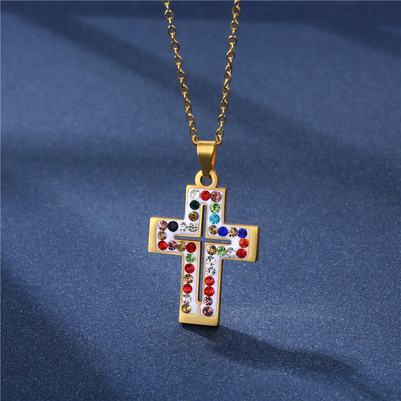 Cross-Border New Color Clay Rhinestone Embed Rhinestone Cross Pendant Necklace Wholesale Necklace Accessories Clavicle Chain