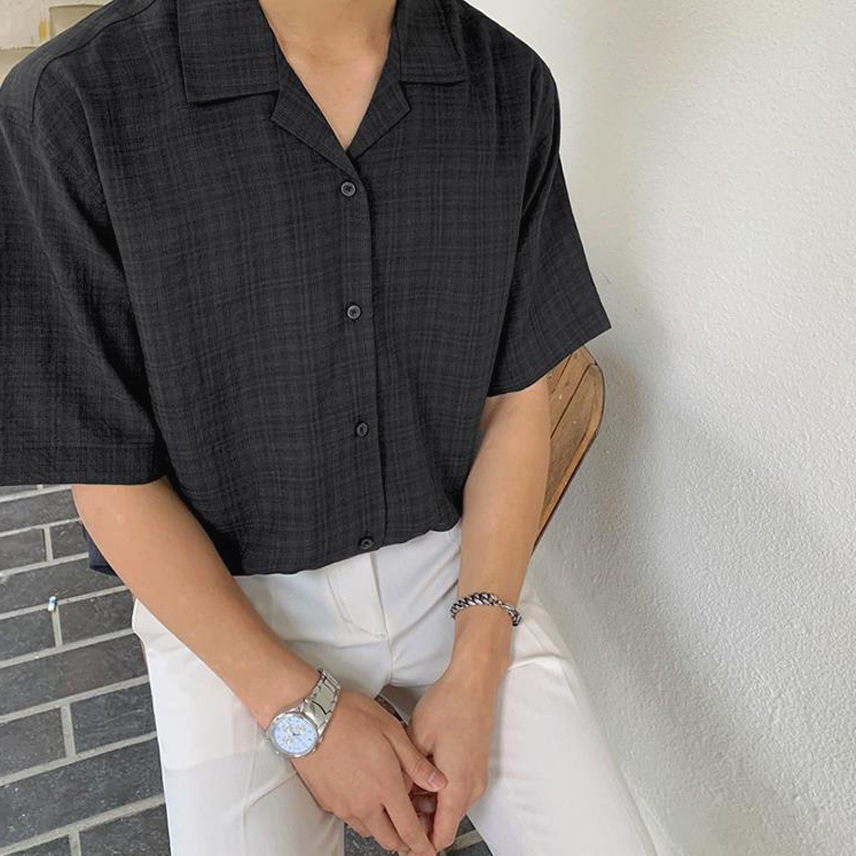 美式校园风古巴领衬衫男复古格子短袖上衣休闲百搭西装领衬衣外套