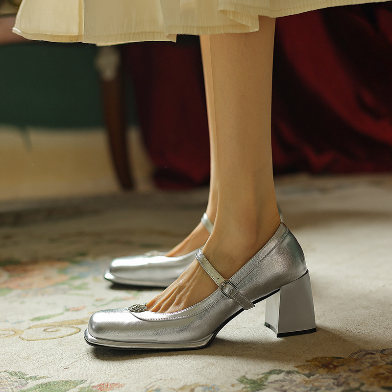 女鞋春夏季新款鞋子方头粗跟高跟鞋搭扣玛丽珍鞋水钻四季通勤单鞋
