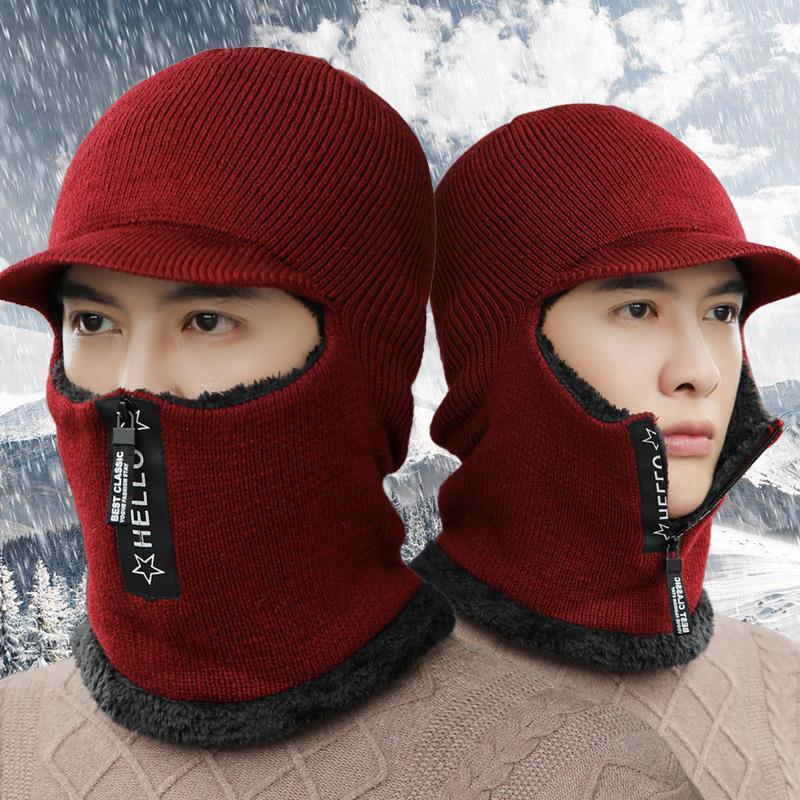 Hat Men's Winter Warm with Velvet Woolen Cap Scarf Integrated Autumn and Winter Riding Electric Car Cold-Proof Wind Cotton-Padded Cap