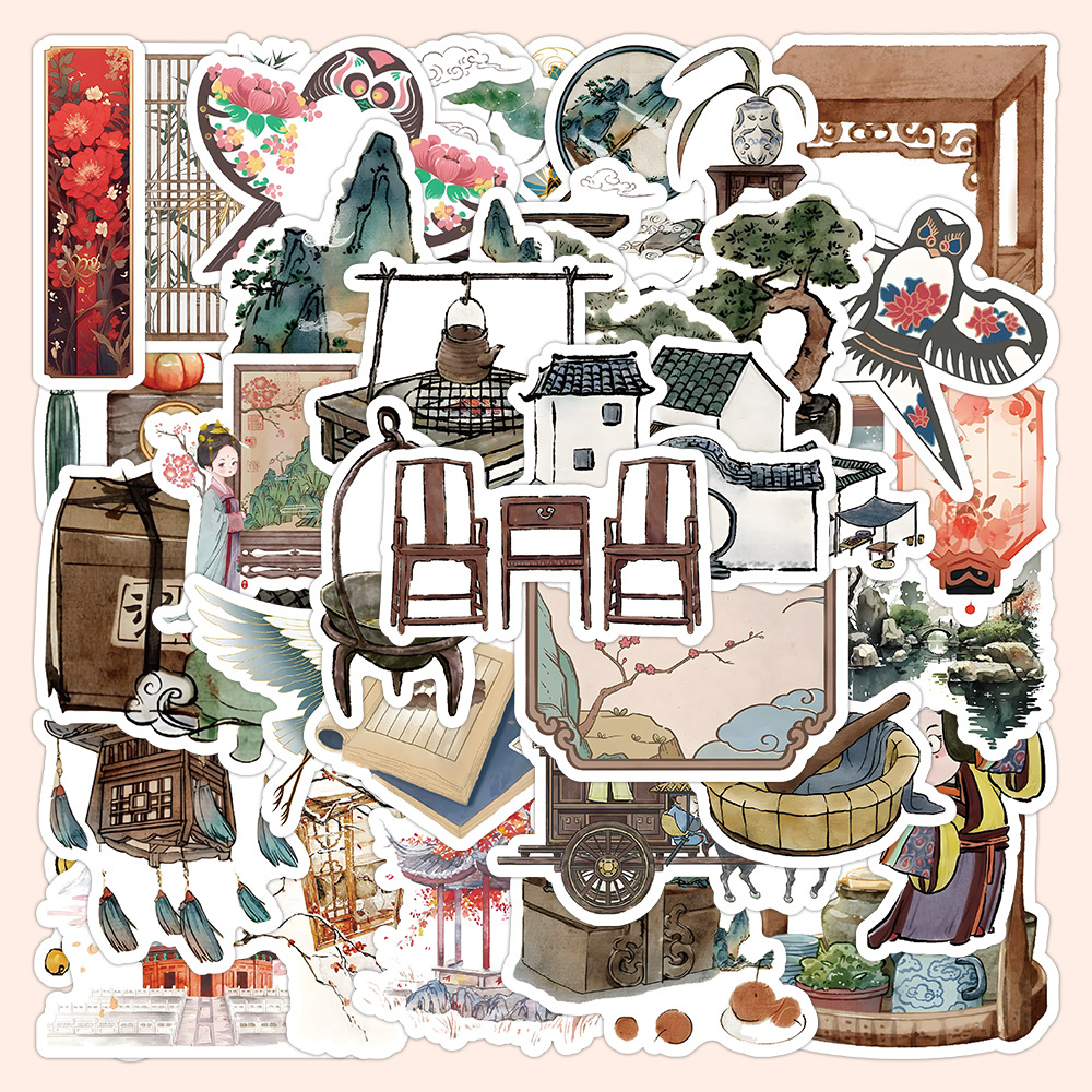 60张古风物件卡通贴纸复古 装饰手机壳行李箱笔记本素材贴画批发