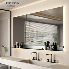 浴室镜卫生间带置物架镜灯光可调智能除雾酒店工程化妆镜黑色金色