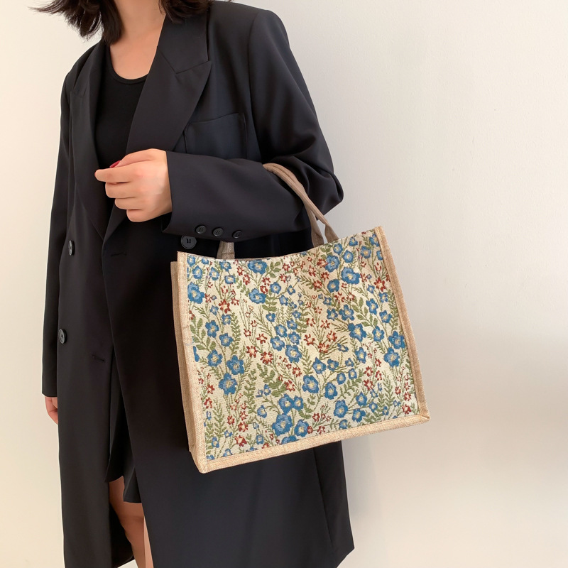 Japanese Style Simple Woven Handbag 2022 New Snack Bag Environmental Protection Lunch Box Bag Girl Flower Fashion Handbag