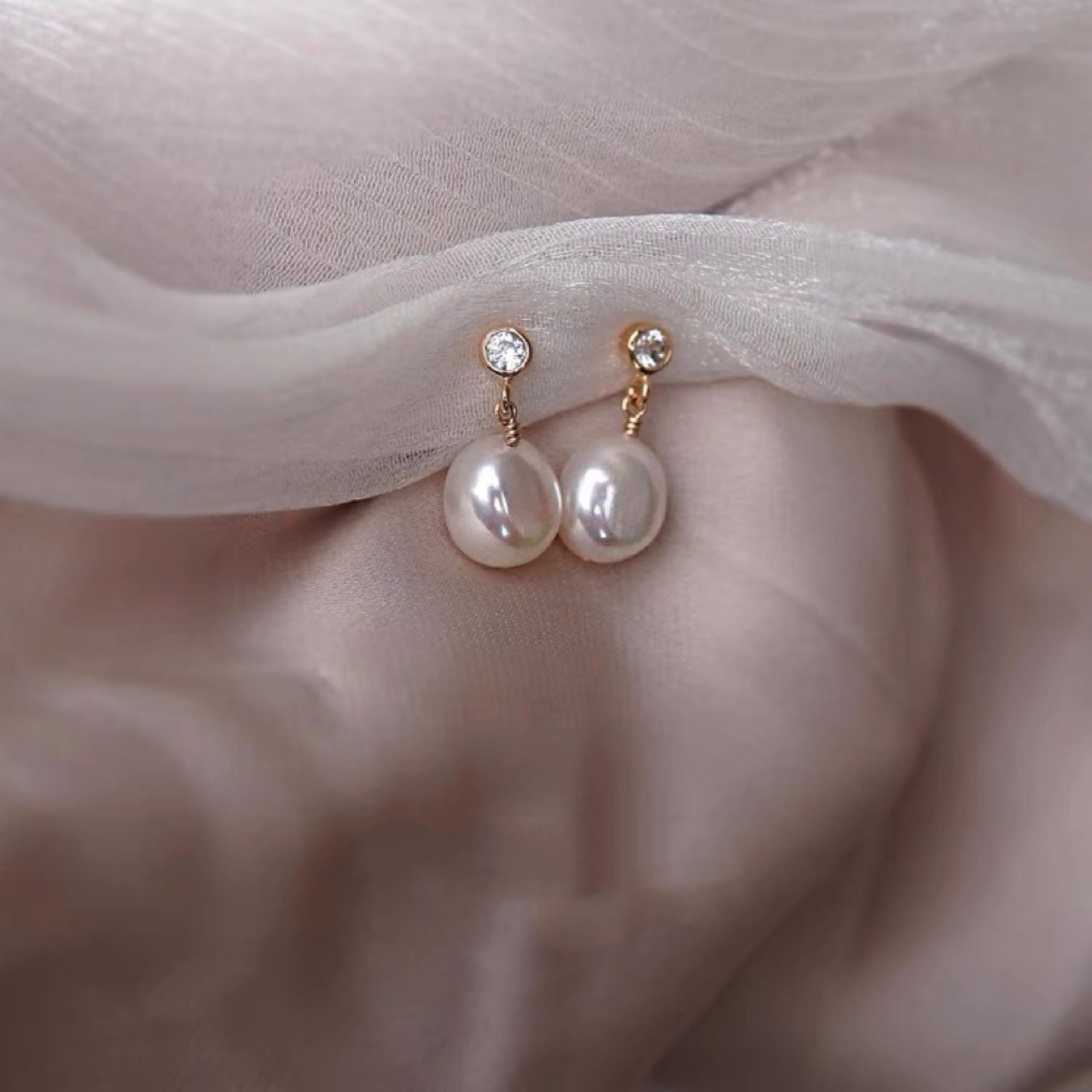 简美风格天然淡水珍珠一粒异形小巴洛克耳环 14k镀金锆石耳钉百搭