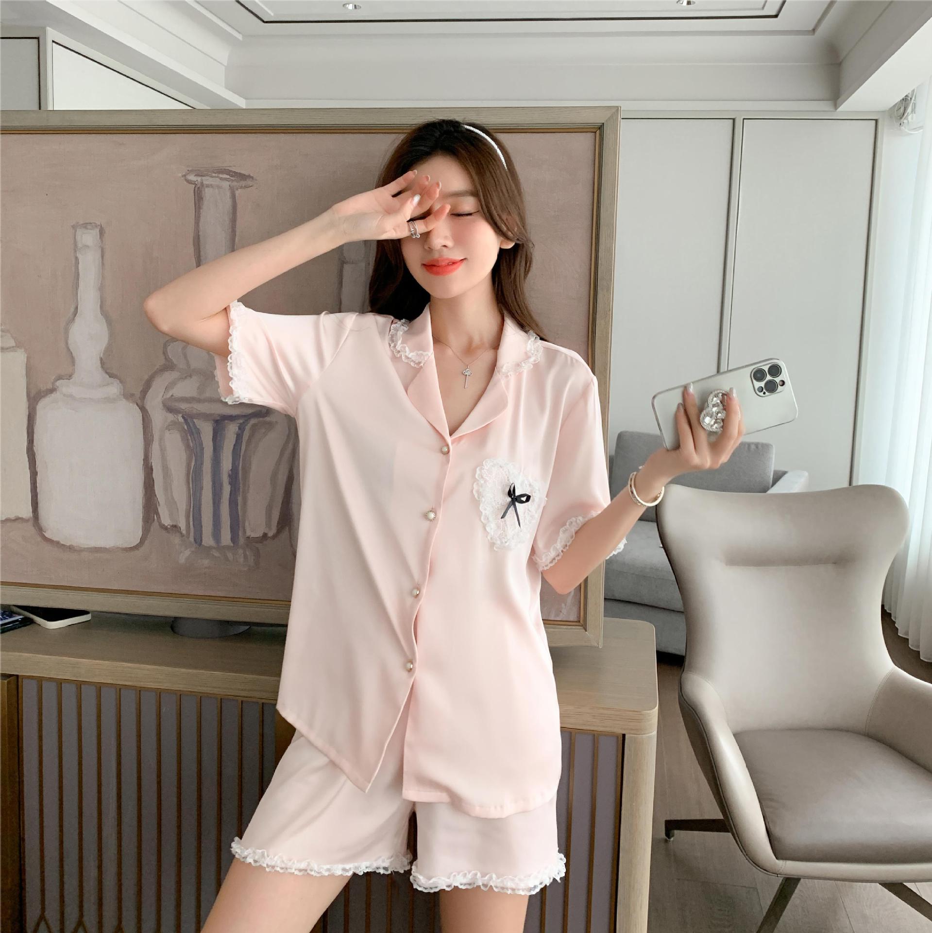 Short Sleeve Pajamas Women's Thin Cardigan Simple Fairy Ice Silk Suit Home Wear Dopamine Lace Heart-Shaped Lace Spring and Summer