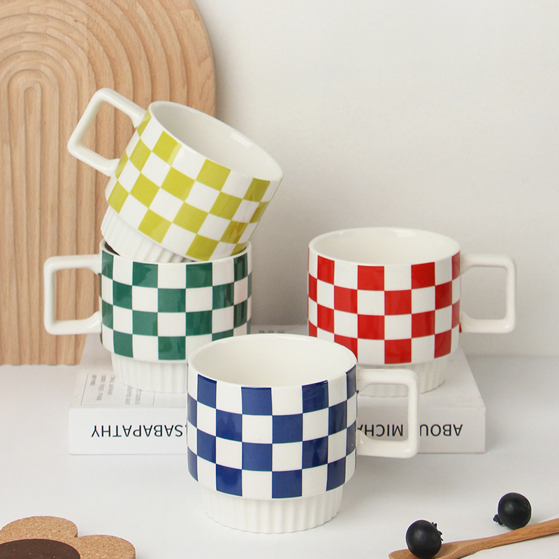 Simple Ceramic Mug Plaid Coffee Cup Retro Water Glass Household Drinking Cups Milk Oatmeal Cup