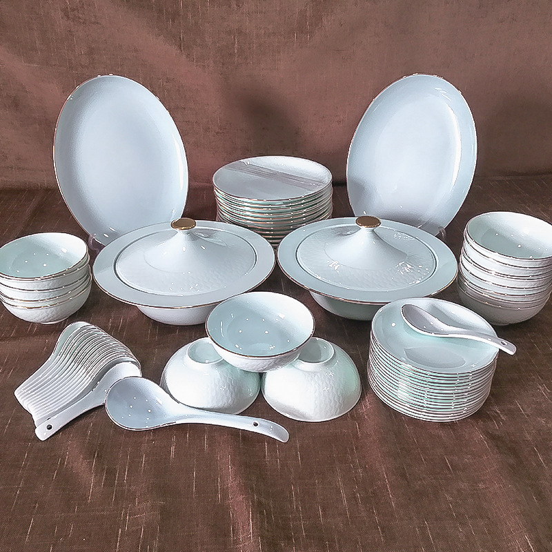 鲁青瓷浮席编雕镶金骨瓷套装 简约现代碟碗盘餐具 家用骨瓷套装