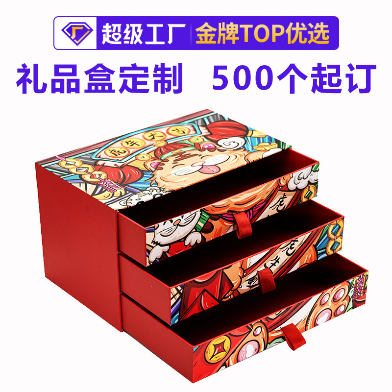 虎年大礼包纪念品礼品高端包装盒红色抽屉式三层新年年货春联礼盒图片