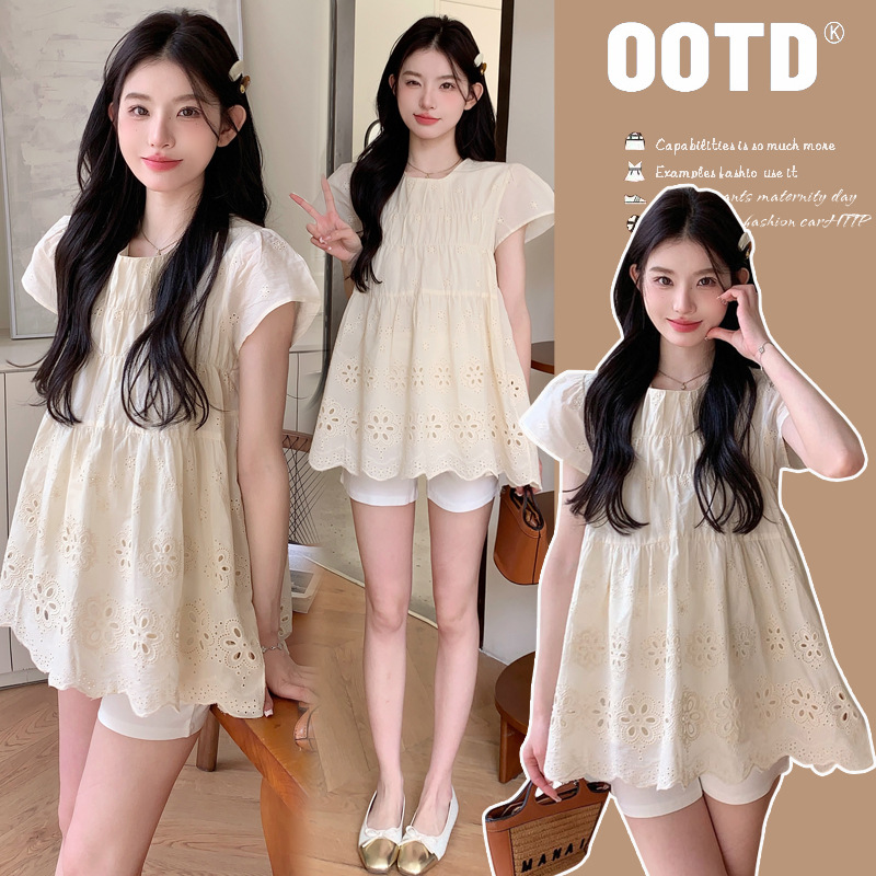 孕妇装实拍孕妇夏新款甜美时尚套装宽松绣花孕妇装上衣 托腹短裤