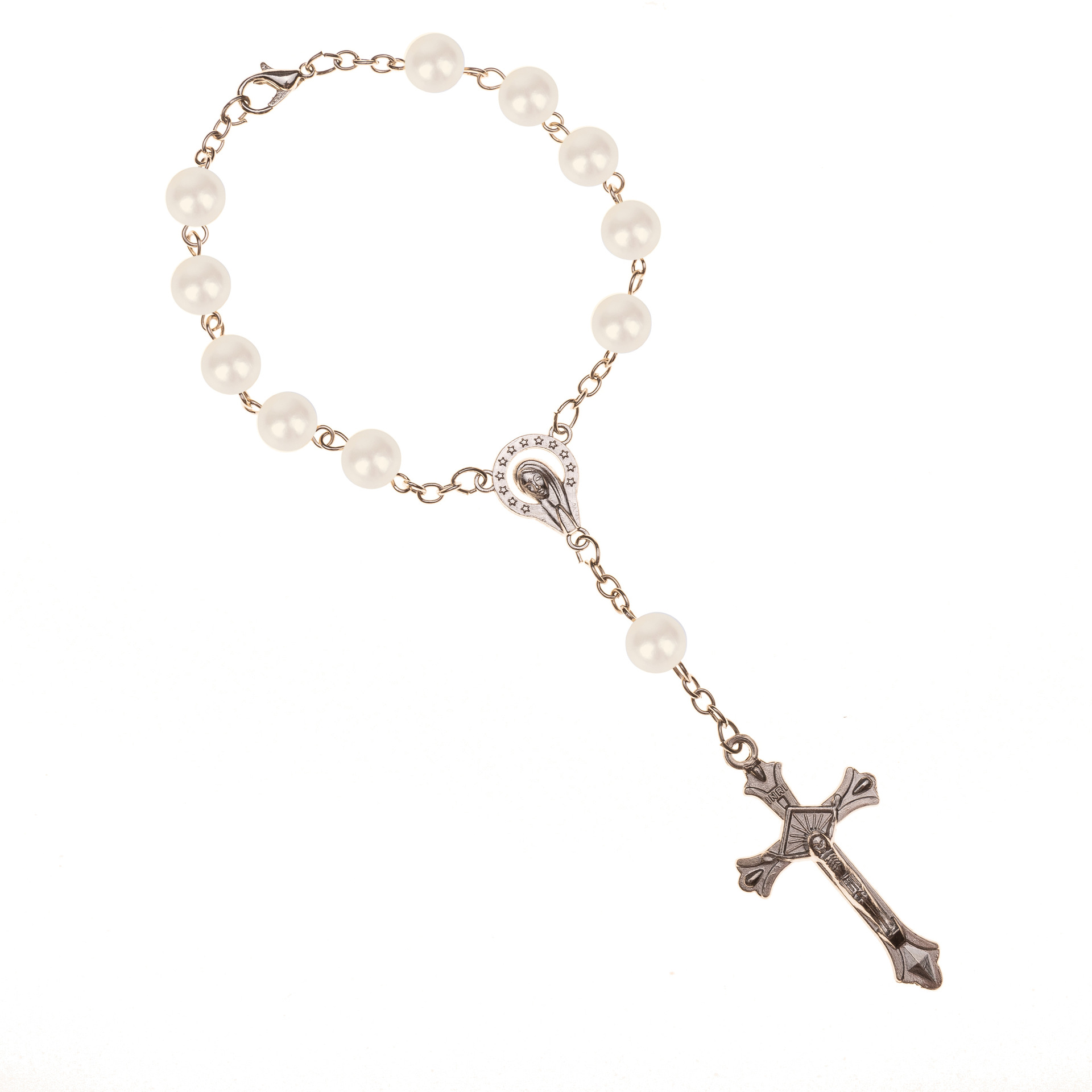 配饰 天主教念珠手链 白色仿珍珠基督十字架耶稣圣母手链