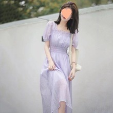 法式复古方领紫色仙女裙夏季新款泡泡袖雪纺连衣裙纯欲赫本风