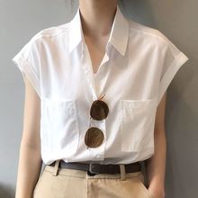 白色衬衫女夏季短袖设计感小众轻熟薄款宽松复古港味无袖法式上衣