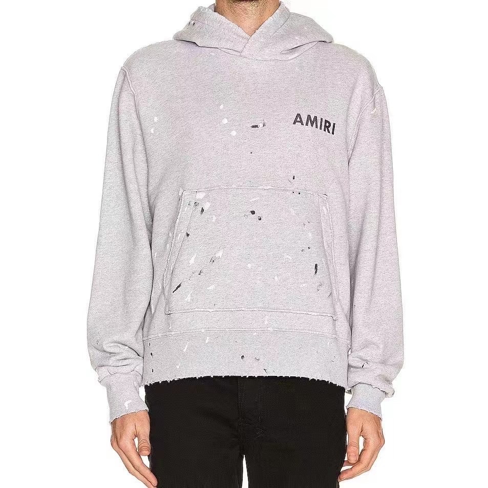 外贸批发高版本美潮amiri王一博同款泼墨破洞男女连帽套头卫衣