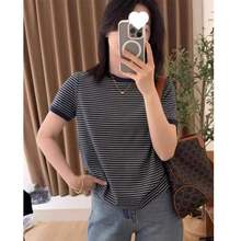 【原版面料】复古条纹短袖T恤女夏季休闲正肩打底衫上衣潮
