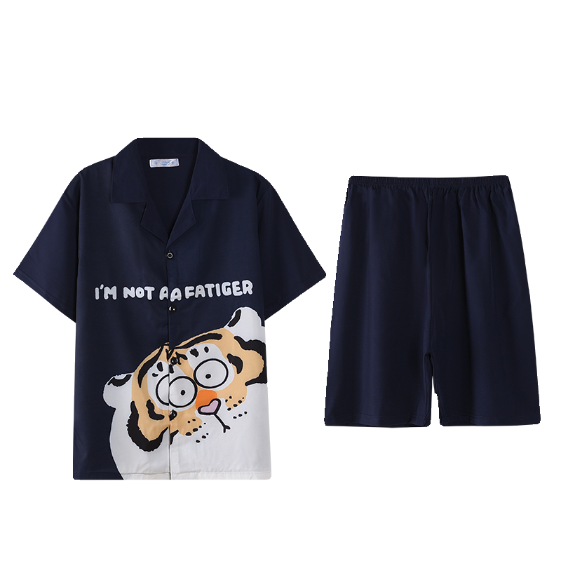 睡衣男冰丝短袖夏季卡通动漫黑色老虎丝绸夏天男生休闲家居服套装