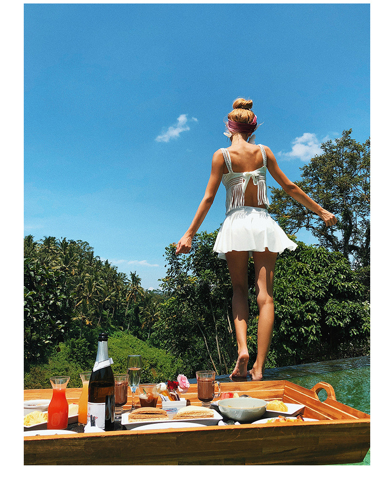 奢奇白色流苏泳衣女比基尼三件套性感小胸聚拢分体ins欧美游泳衣