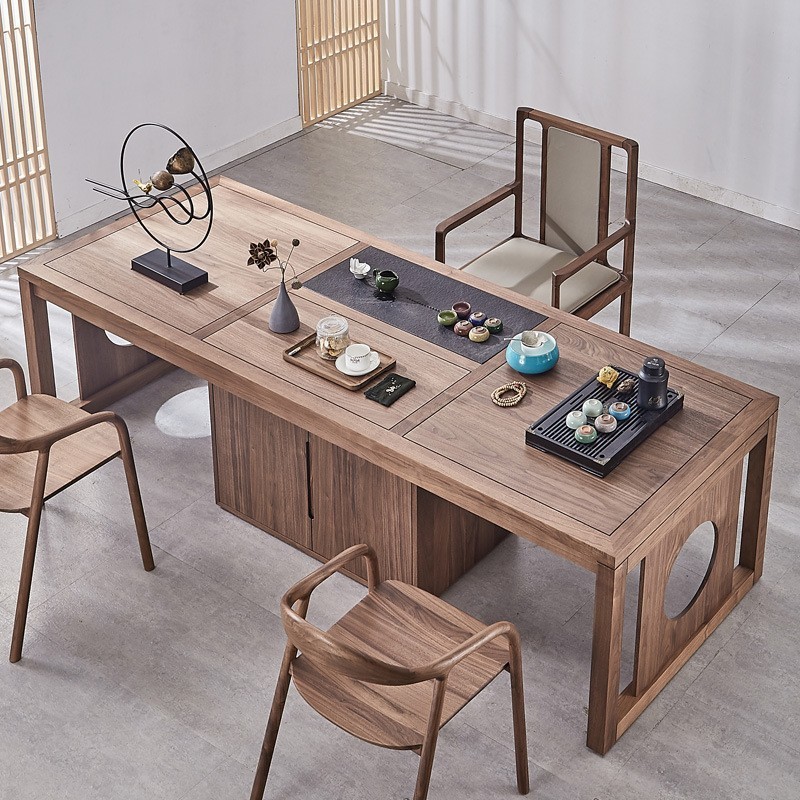 新中式实木茶桌椅组合茶室空间禅意功夫茶台简约大气带柜泡茶桌