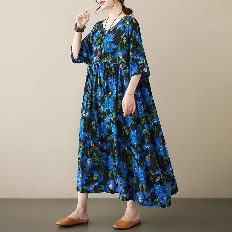 蓝色大花中老年妈妈装麻棉连衣裙短袖宽松型a字裙女-阿里巴巴