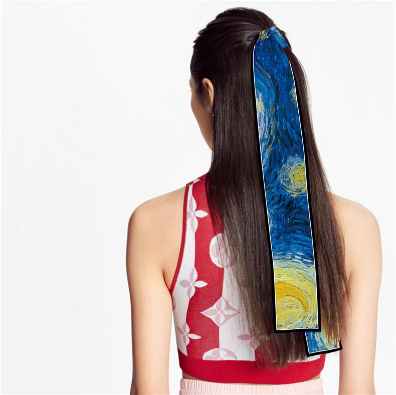 Spring and Autumn Retro Lightweight Oil Painting Graffiti Double-Layer Satin Long Ribbon Boxer Summer Silk Scarf Female Hair Binding Decoration