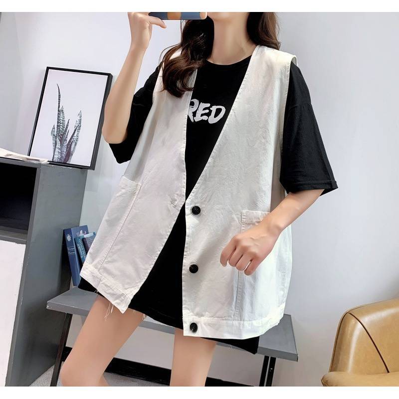 马甲外套女2022春夏白色领马甲女学生韩版宽松中长款无袖牛仔马甲
