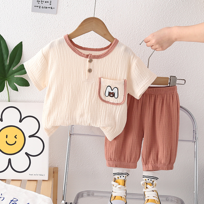 2024 New Children's round Neck Short Sleeve Suit Girls' Summer Clothes Boys' Korean Style Shorts Breathable Women's Baby Clothes