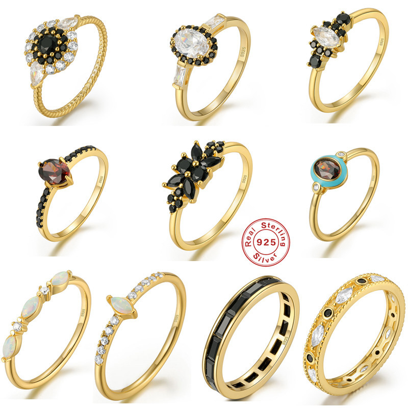 s925纯银高雅奢华几何圆形镶钻宝石订婚戒指欧美热销情侣款戒指环