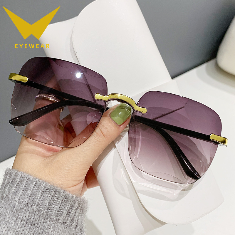 2023 New Frameless Trimming Square Sunglasses Women's Korean-Style Internet-Famous round Face Plain Sunglasses Gradient Film Glasses