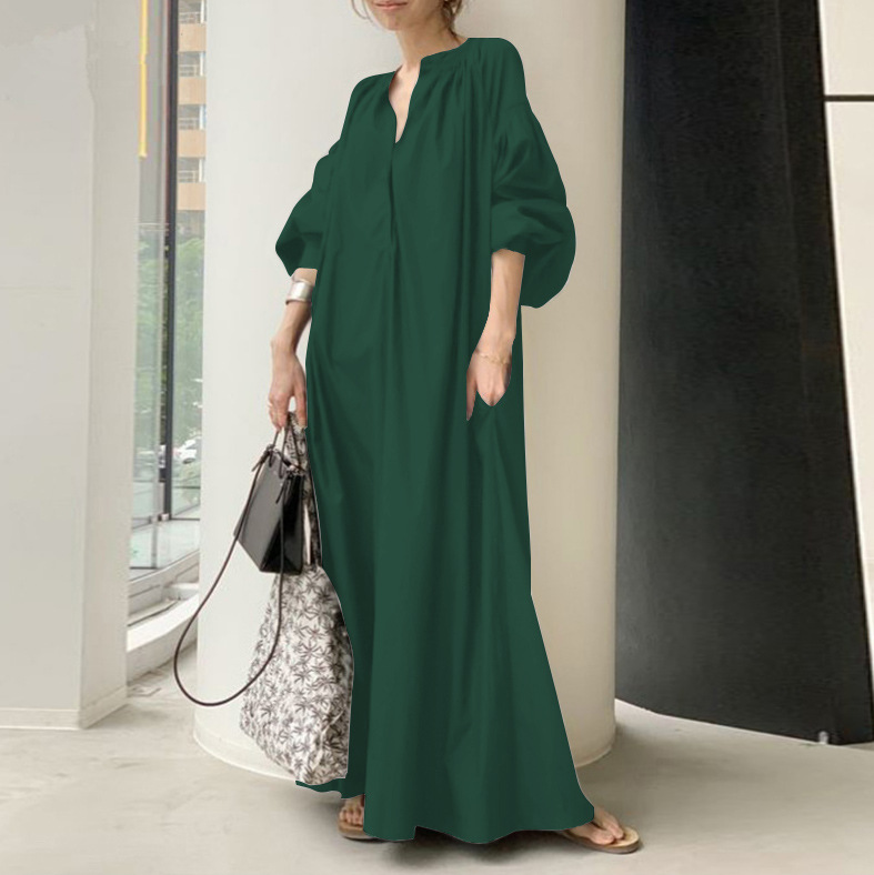 2022 New Cross-Border AliExpress Temperament Commute Solid Color Cotton Linen Loose Lantern Sleeve Loose Big Hem Dress