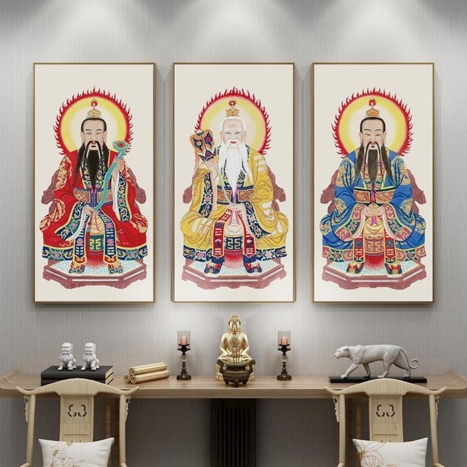 道家三清神像挂画新中式客厅中堂装饰画道教天尊供奉背景墙面壁画