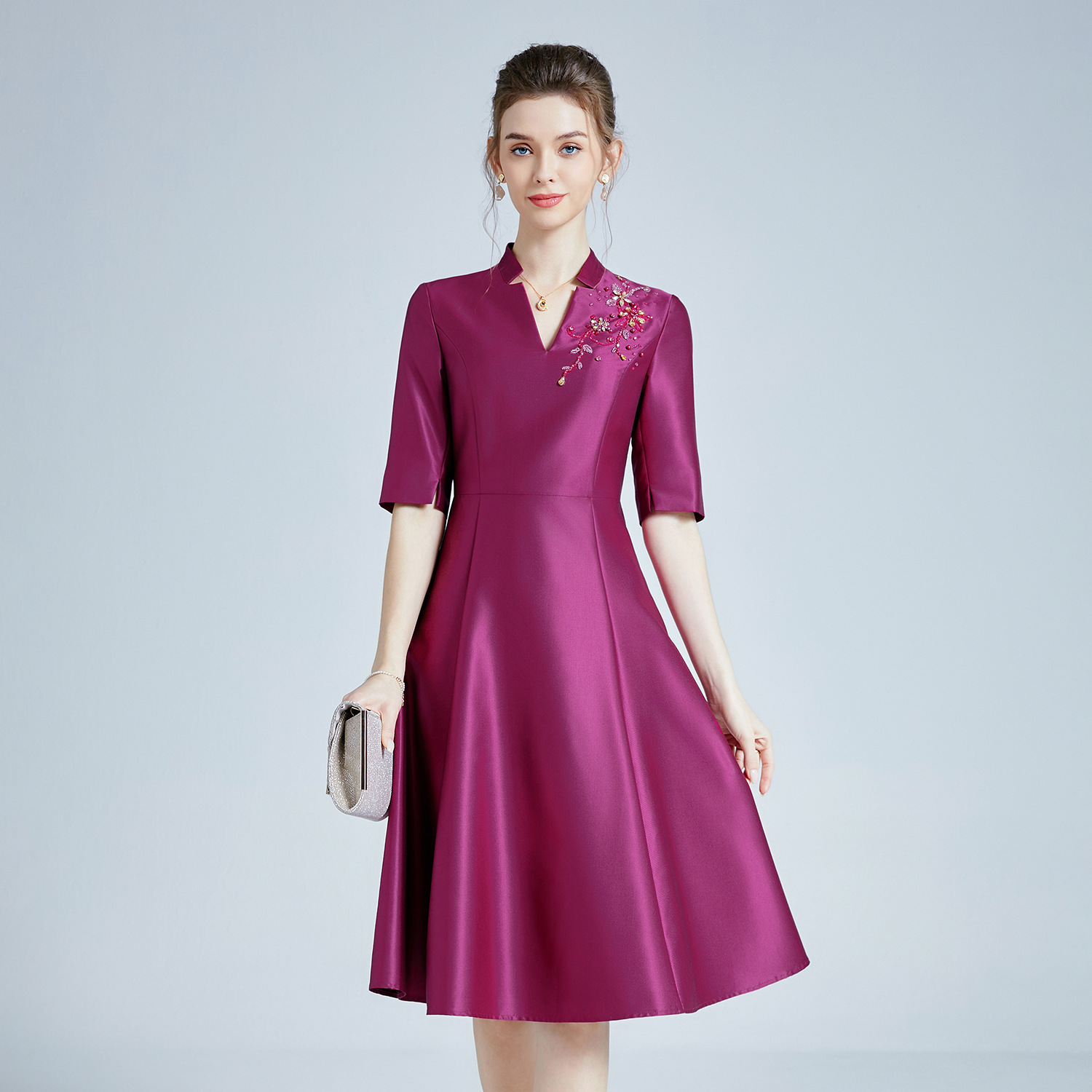 深圳品牌中老年连衣裙宴会礼服新款大码短袖喜婆婆妈妈装一件代发