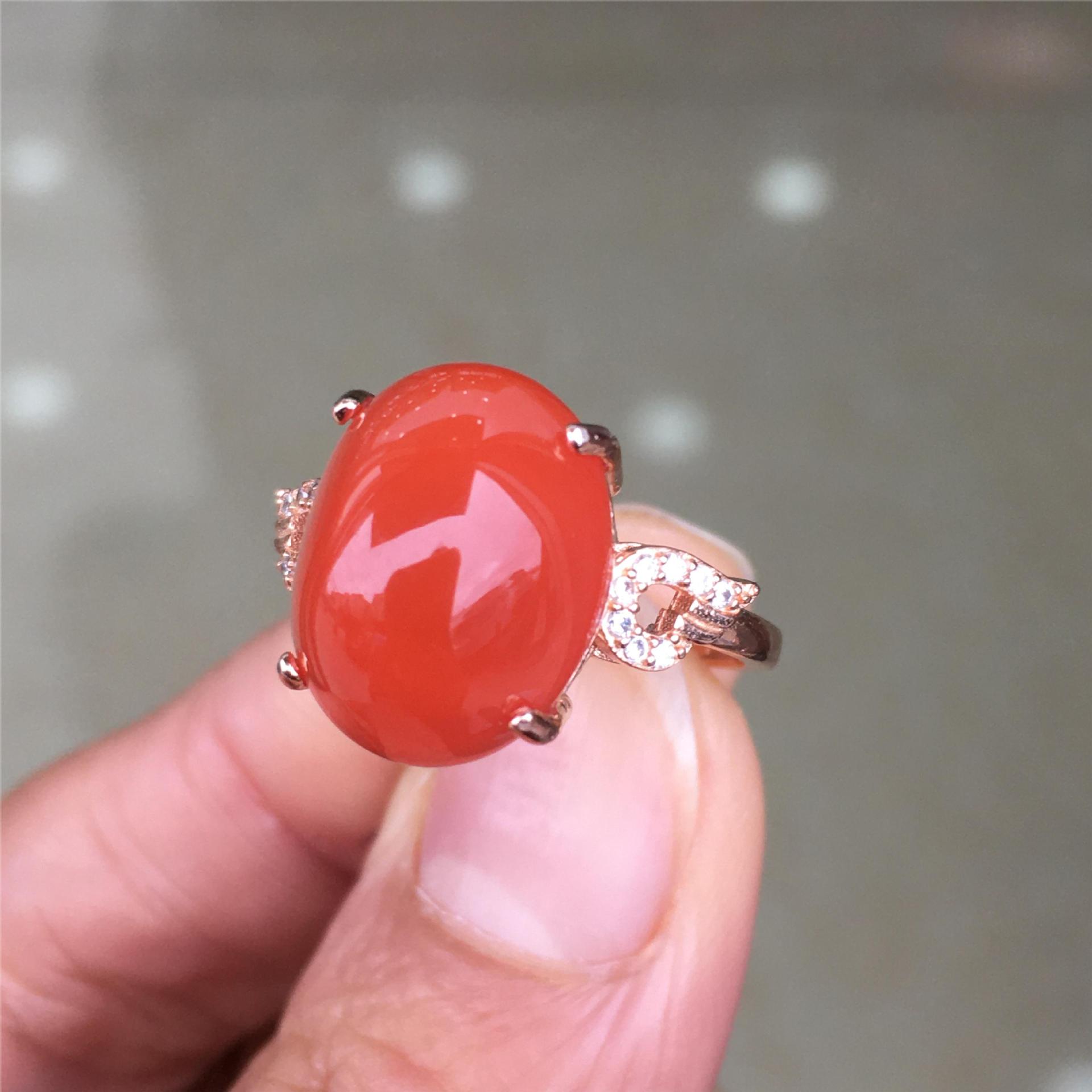 精品保山南红女戒指满色满肉柿子红无杂裂s925银镶嵌活口翅膀手饰