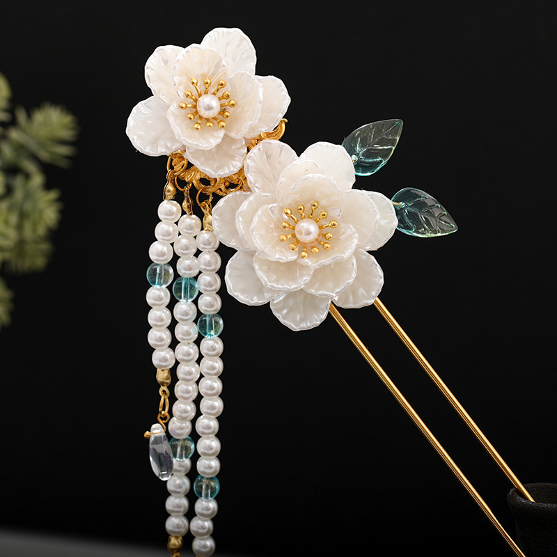 山茶花发簪古风流苏超仙配饰旗袍古典步摇钗子古装盘发小清新发饰