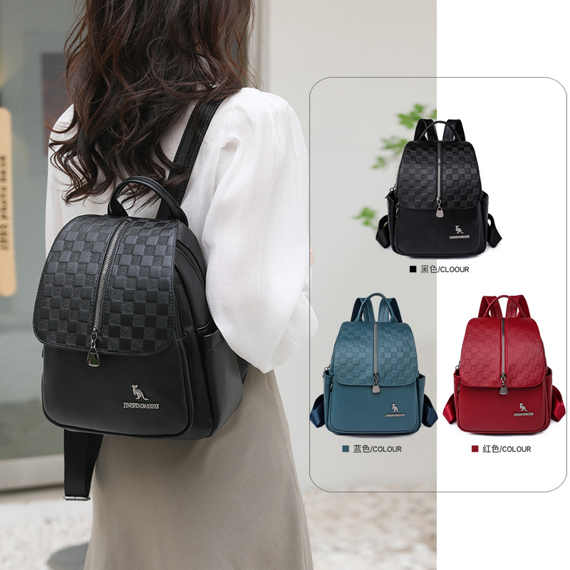 Backpack Women's Spring Winter New Soft Leather Large Capacity Travel Backpack Fashionable Chessboard Plaid College Students Bag Wholesale