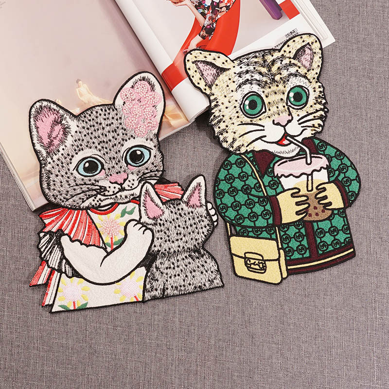 卡通猫咪吸可乐重工刺绣水溶布贴可水洗衣服贴装饰图案贴花补丁贴