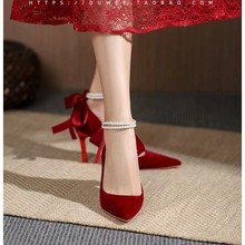 2024年新款红色秀禾鞋时尚蝴蝶结高跟鞋女细跟婚鞋新娘鞋中式宴会