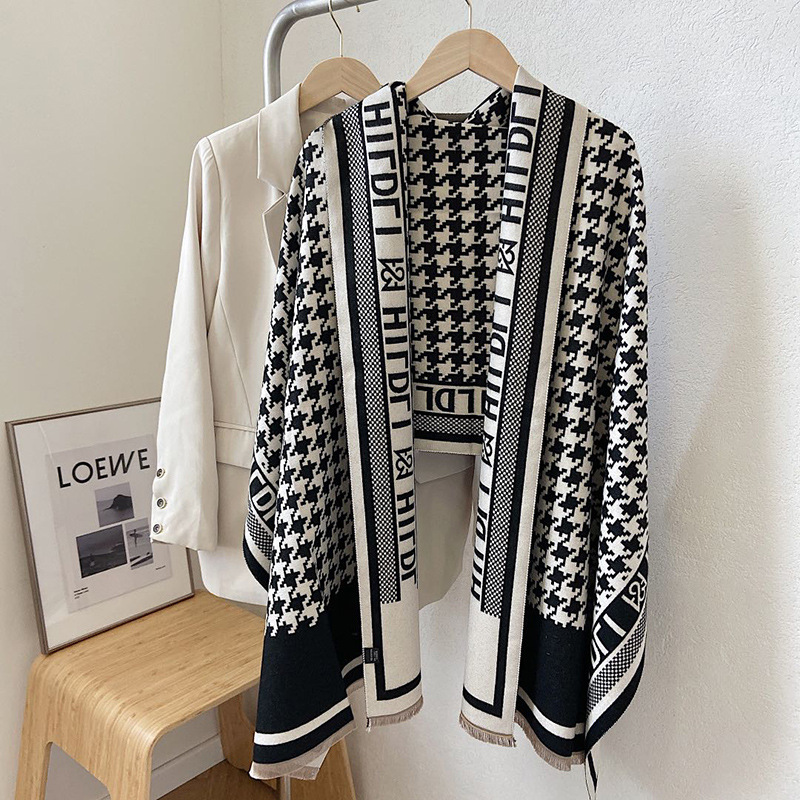 Korean Style Autumn and Winter New Artificial Cashmere Scarf Women's Houndstooth Letters Spring Summer Dual-Use Shawl Thickened Warm Scarf