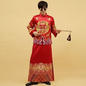 新款秀禾服男装结婚敬酒服新郎礼服中式加大码刺绣龙凤褂红色喜服