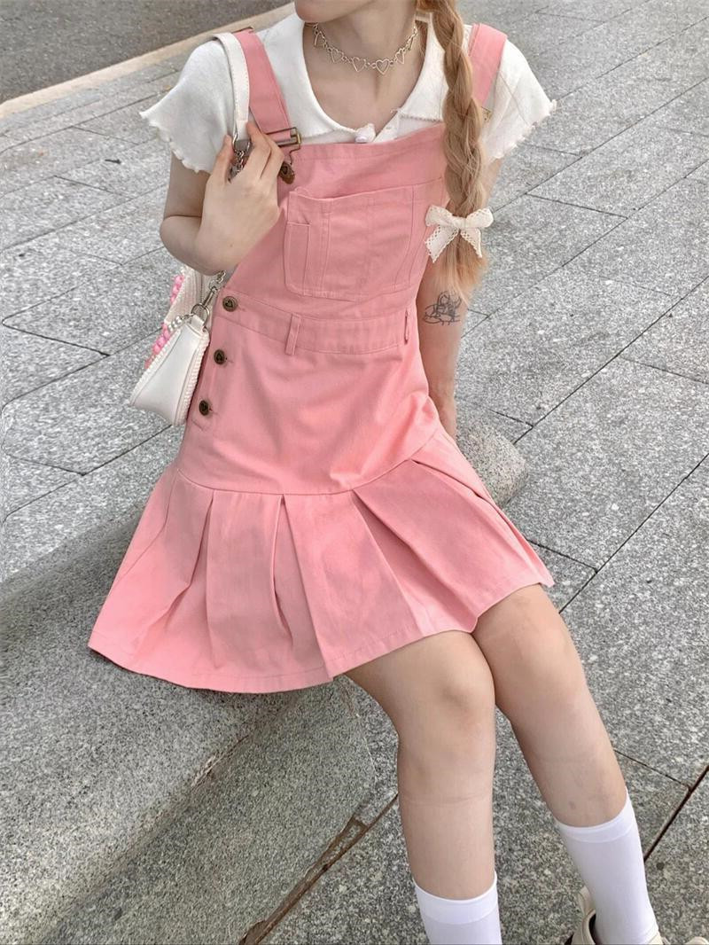 系女装高级套装裙女夏粉色少女背带百褶裙牛仔连衣裙初恋裙子