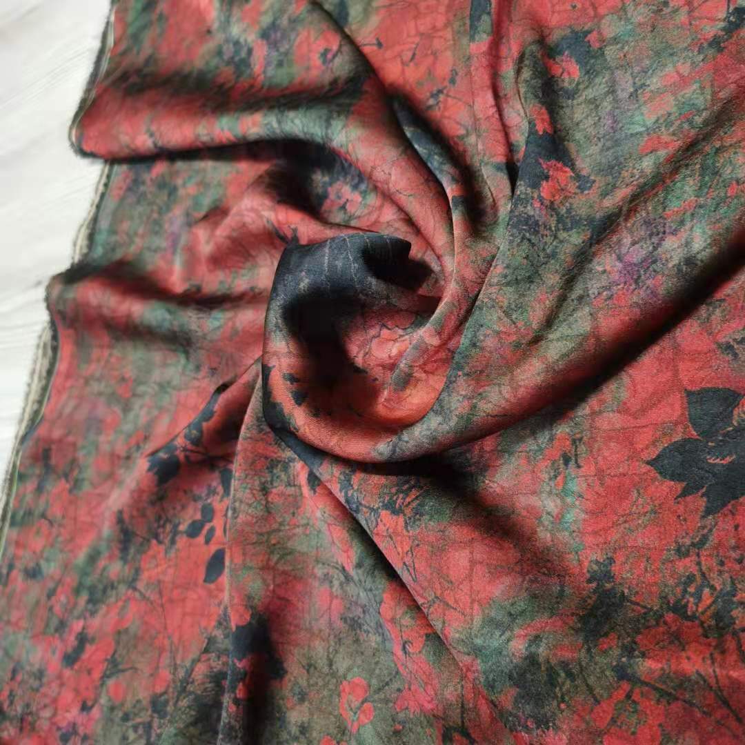 新品香云纱布料批发黑丝花罗缎旗袍碎花面料数码印花工厂直销