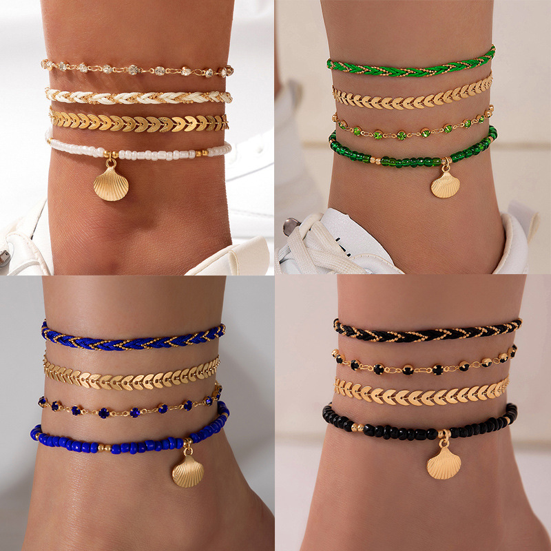 Europe and America Cross Border Ornament Rice-Shaped Beads Stringed Beads Braid Rope Shell Four-Layer Anklet Geometric Diamond Leaf Multi-Layer Foot Ornaments Suit