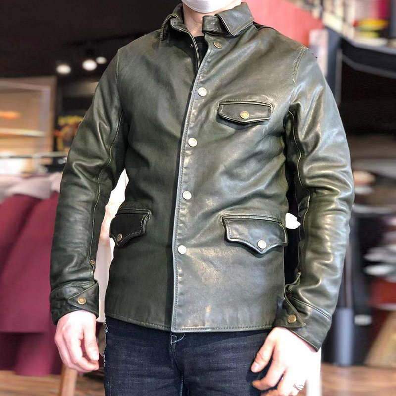 油蜡全植鞣马皮皮衣男日系复古小机车棕色司闸员真皮夹克